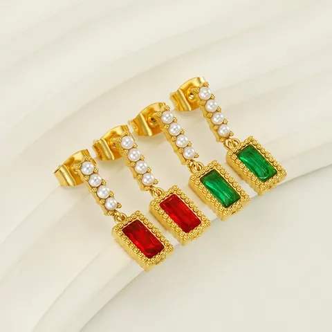 Orecchini Pendenti Stile Francese Vintage Acciaio Inossidabile Placcato Oro 18K Zircone Rettangolare Perla Artificial Imitazione