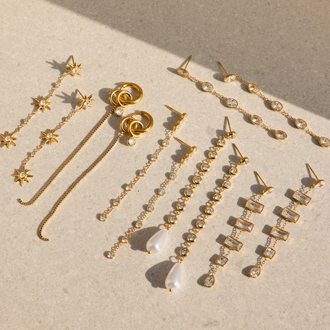 Orecchini Pendenti con Nappina in Acciaio Inossidabile da Donna Placcati Oro Geometrici con Strass Orecchini a Catena Lunga Gioielli di Moda