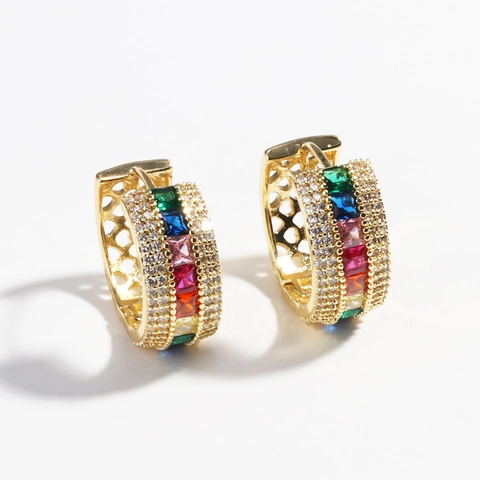 Colorful Square Zircon Hoop Earrings Brass 18K Gold Plated Heart Cutout Minimalist Geometric Fashion Jewelry For Women