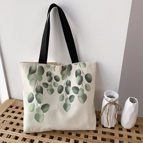 Bolso Tote De Lona De Gran Capacidad Estampado De Hojas De Eucalipto Verde Cierre De Cremallera Estilo Literario Fresco Bolso De Hombro