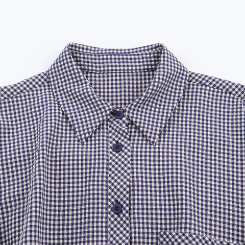 Women Casual Gingham Plaid Long Sleeve Shirt Cropped Seersucker Blouse With Elastic Hem Lantern Sleeve Point Collar Tops