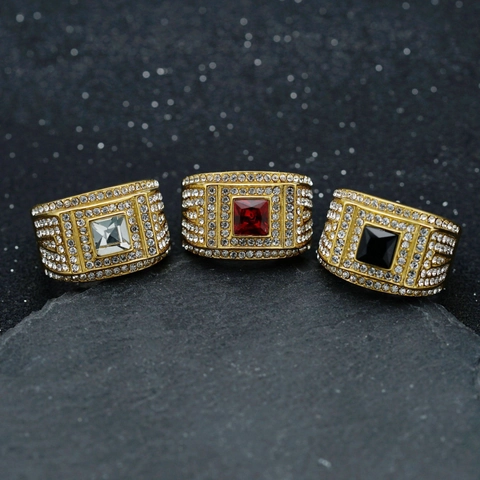 Men Hip Hop 316 Stainless Steel Ring Full Rhinestone Gold Steel Color Square Zirconia Fashion Individual Men Ring Jewelry