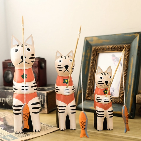Nordic Style Wooden Fishing Cat Figurines Set Hand Painted Animal Statues For Home Living Room Study Desktop Office Decor Gift