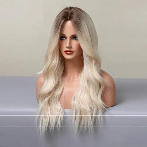 Perruque Longue Ondulée Synthétique Résistante Chaleur Raie Milieu Dégradé Ombre Style Naturel Pour Femmes
