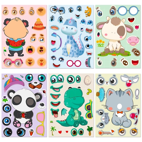 Make A Face Stickers DIY Cartoon Animal Dinosaur Unicorn Panda Cat Creative Educational Craft Toys For Kids Early Learning