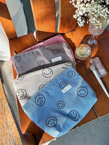 Borsa Per Trucchi Vintage In Velluto A Coste Motivo Smiley Grande Capacità Pochette Cosmetica Fodera In Tela Organizzatore Donna