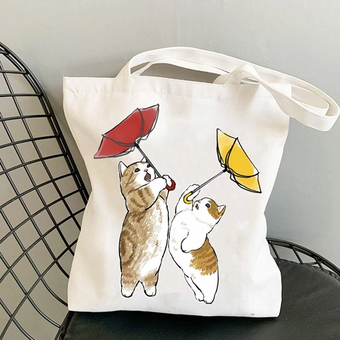 Kawaii Cat Printed Canvas Tote Bag For Women Harajuku Style Japanese Cute Cartoon Shoulder Handbag Shopping Eco Friendly