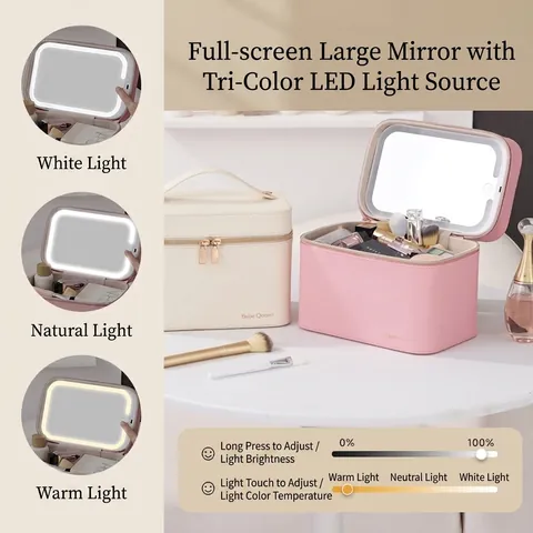 Professional Portable Makeup Bag With LED Mirror Light PU Leather Travel Cosmetic Case Waterproof Handheld Vanity Box
