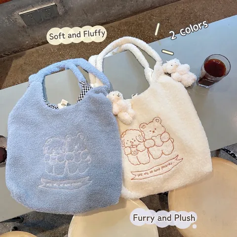 Frauen Plüsch Tote Bag Faux Shearling Bestickter Bär Große Kapazität Schulter Handtasche Lässiger Studenten Stil Mit Anhänger