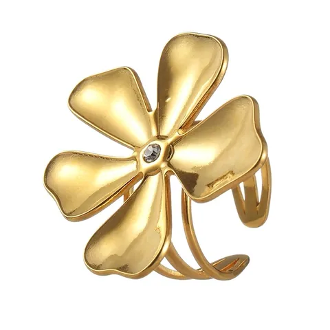 Large Flower Ring Stainless Steel Gold Plated Zircon Exaggerated Five Petal Heart Shape Adjustable Open Design For Women