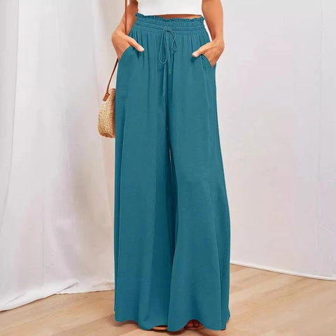 Pantaloni Palazzo a Gamba Larga a Vita Alta da Donna Con Tasche Coulisse Pantaloni Casual Tinta Unita Fluidi per Donna Quotidiano Vacanza