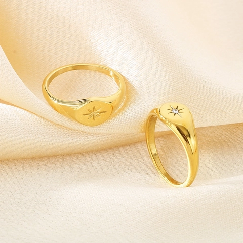 Anillo De Sello De Estrella Polar Titanio Acero Inoxidable Chapado En Oro Circonita Joyería Vintage Para Mujer