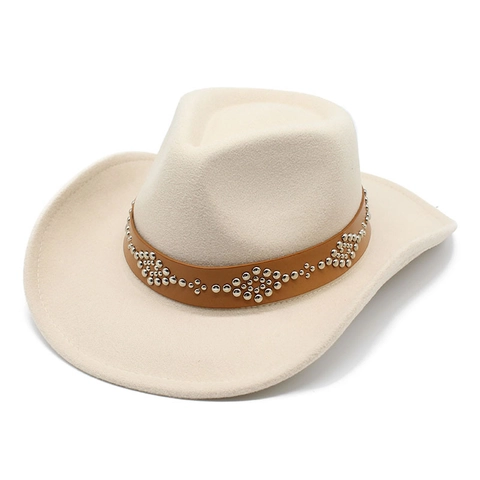 Sombrero Fedora Vaquero Del Oeste Con Cinturón De Cuero Con Remaches Ala Ancha Fieltro De Lana Jazz Para Hombre Mujer