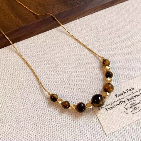 Collana con Perline in Pietra Occhio di Tigre Vintage Caffè Marrone Placcato Oro Collana a Catena a Clavicola per Donna Gioielli Moda Autunno Inverno