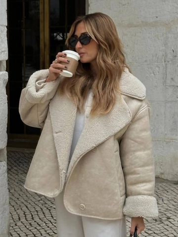 Damen Suede Kunstpelz Lammfell Jacke Reverskragen Dick Warm Geknöpfte Kurze Mantel Winter Streetwear