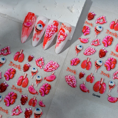 Pegatinas De Uñas En Relieve 3D Halloween Órganos Humanos Anatómicos Corazón Cerebro Ojos Pulmones Oscuro Gótico DIY Manicura