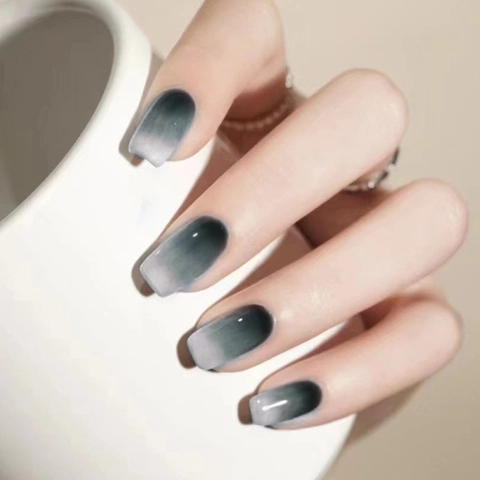 Glanzende Grijs Witte Gradiënt Kunstnagels Elegant Rond Vierkant Fake Nail Art Manicure Met Lijm