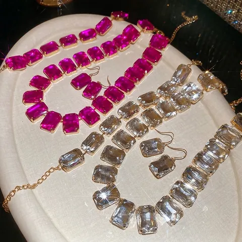 Collar Pulsera Pendientes Aleación Diamantes Imitación Talla Esmeralda Poste Plata Ley 925 Joyería Lujo Mujeres