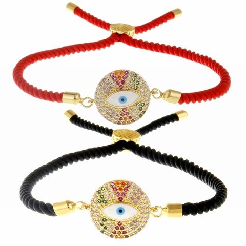 Evil Eye Bracelet Copper Gold Plated With Colorful Cubic Zirconia Adjustable Braided Rope Bohemian Jewelry For Women