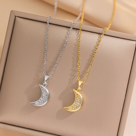 Collar Con Colgante De Luna Acero Inoxidable Chapado En Oro De 18K Diamantes De Imitación Joyería Para Mujeres