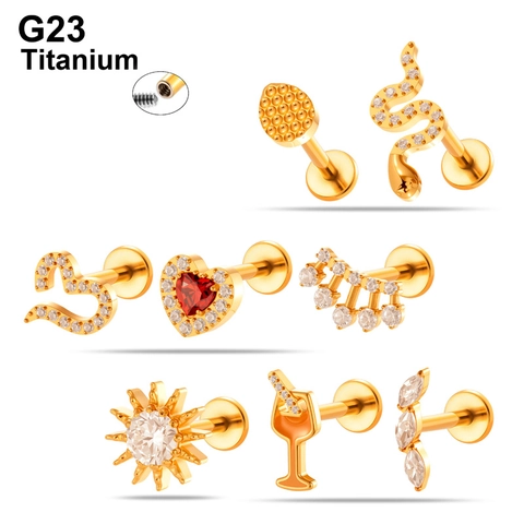 G23 Titanium Labret Stud Interne Schroefdraad Kraakbeen Oorring Hart Slang Zon Zirconia Piercing Sieraden Voor Dames