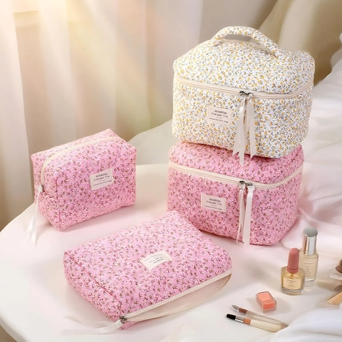 Borsa Per Cosmetici In Cotone Trapuntato Floreale Ciliegio Grande Capacità Organizzatore Da Viaggio Con Manico Per Donne