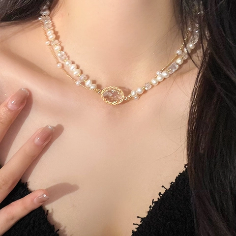 Double Layer Faux Artificial Pearl And Artificial Crystal Necklace With Oval Pendant French Vintage Clavicle Chain Jewelry