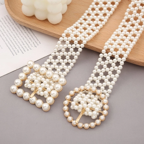 Elegant Women Wide Artificial Pearl Woven Elastic Belt Multi Row Imitation Artificial Pearl Waist Chain For Dress Wedding Party Vintage Accessory