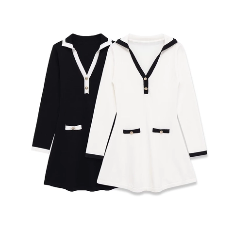 Women Elegant Long Sleeve Mini Dress V Neck Collar Gold Buttons Patchwork Color Block Stretch Knit Slim Fit Office Wear