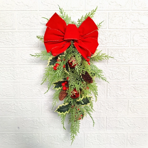 Christmas Teardrop Wreath Artificial Pine Pinecone Red Berry Velvet Bow Door Wall Hanging Decoration Nordic Holiday Ornament