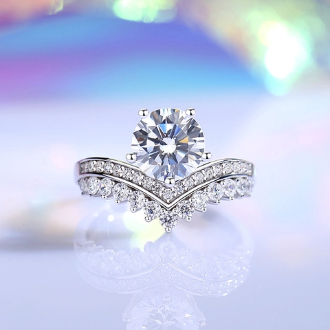 Anillo Moissanita Plata De Ley 925 Corona Princesa Boda Compromiso Joyería Nupcial Para Mujeres Corte Redondo Forma V