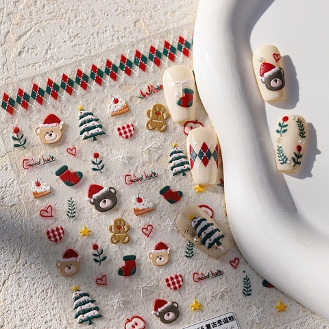 Stickers À Ongles Relief Ours De Noël Vintage Hiver Design 5D Autocollants Décoration Manucure
