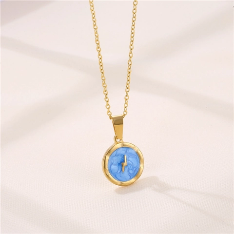 Blitz Anhänger Rund Halskette Vergoldet Edelstahl Blau Emaille Geometrischer Schmuck Für Damen Herren
