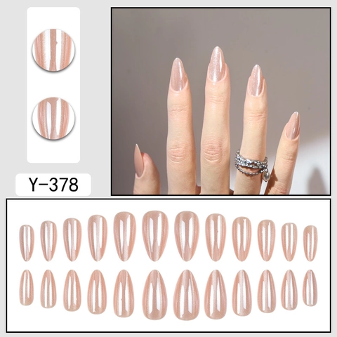 Faux Ongles À Presser Amande Effet Oeil De Chat Nacré Scintillant Rose Nude Amovibles Brillants Élégants Femmes