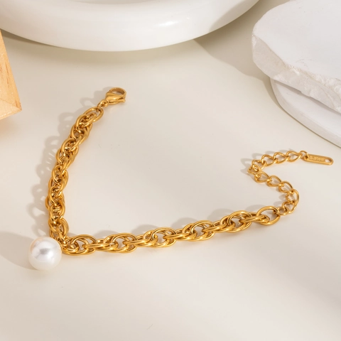 Minimalist Artificial Pearl Bracelet Stainless Steel Double Layer Chain Vacuum Plated Waterproof Hypoallergenic Luxury Hand Jewelry