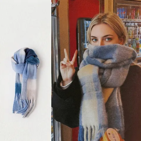 Women Winter Warm Plaid Tassel Scarf Colorful Gradient Soft Thick Long Fluffy Scarf For Ladies Autumn Spring Casual Neck Wrap