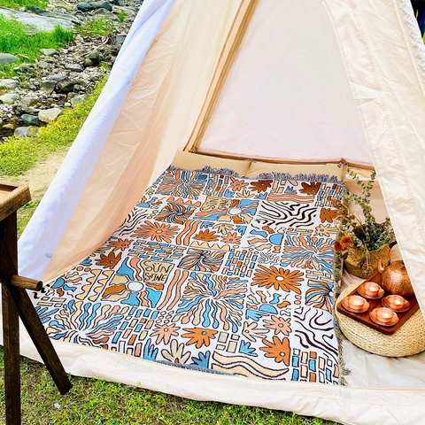 Bohemian Woven Blanket Cotton Blend Sun Shine Jacquard Throw With Tassels For Camping Picnic Sofa Decor
