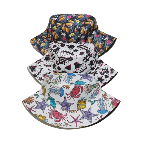 Fashion Printed Bucket Hat Polyester Sun Protection Outdoor Travel Sea Life Musical Notes Beer Patterns Novelty