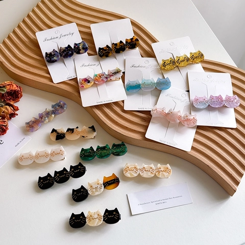 Cute Cat Hair Clip Three Cats Acetate Fiber Side Bangs Clip For Women French Retro Animal Shape Hairpin