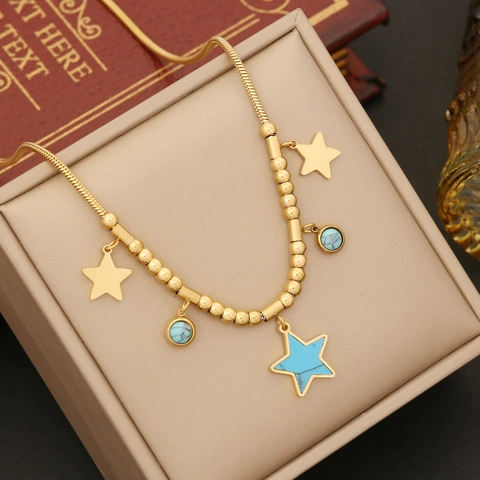 Gioielli Stella Luna Celesti Acciaio Inossidabile Placcato Oro Collana Bracciale E Orecchini Con Perline Turchesi Per Donna Stile Trendy