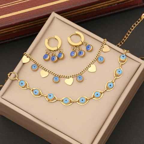 Collana Bracciale Orecchini Ciondolo Cuore Occhio Blu Acciaio Inossidabile Placcato Oro Smalto Gioielli Donna Stile Unico
