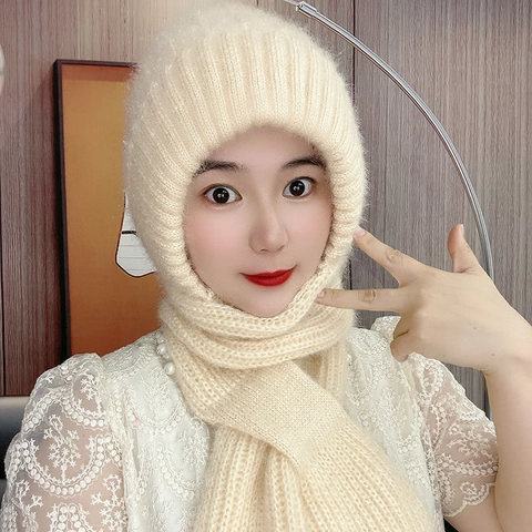Integrated Winter Knit Hat Scarf Set Women Warm Fleece Lined Windproof Ear Protection Neck Warmer Outdoor Beanie With Bow