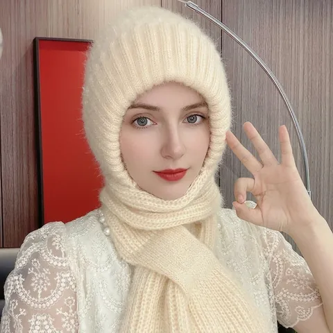 Integriertes Winter Strickmütze Schal Set Damen Warm Fleece Gefüttert Winddicht Ohrenschutz Nackenwärmer Outdoor Mütze Mit Schleife