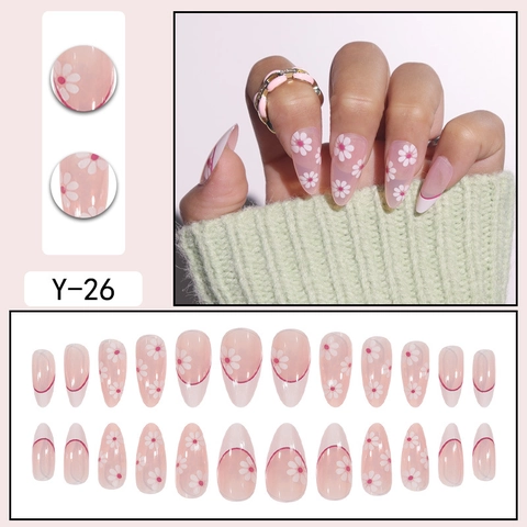 Unghie Finte A Pressione Stile Francese Base Rosa Margherite Bianche Forma A Mandorla Lucido Manicure Per Donna Indossabile