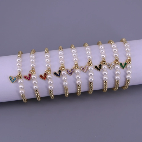 Heart Shaped Zircon Charm Beaded Bracelet Gold Plated Copper With Imitation Artificial Pearl Fashion Jewelry For Women