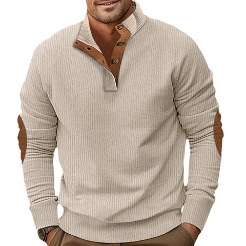 Men's Vintage Polyester Corduroy Stand Collar Sweatshirt Long Sleeve Casual Top With Contrast Elbow Patches Slim Fit