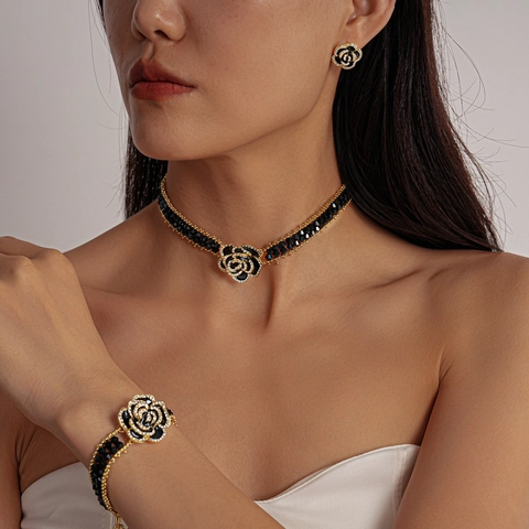 Vintage Black Rose Flower Jewelry Copper Rhinestone Crystal Choker Necklace Earrings Bracelet Gothic Elegant Jewelry For Women