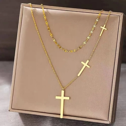 Titanium Steel Double Layer Cross Necklace 18K Gold Plated Triple Pendants Water Wave Chain Fashion Jewelry Women