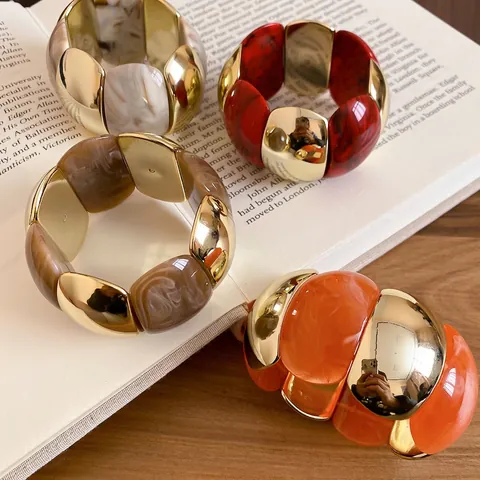 Bracciale Largo In Lega Acrilico Marmorizzato Geometrico Elastico Braccialetto Donne Retrò Esagerato Gioielli Di Moda