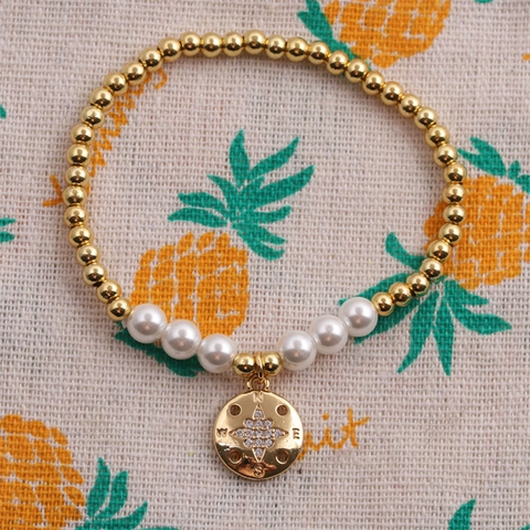 Fashion Beaded Bracelet Copper Gold Round Beads With Artificial Pearls Compass Star Charm Elastic Jewelry For Women Elegant Simple